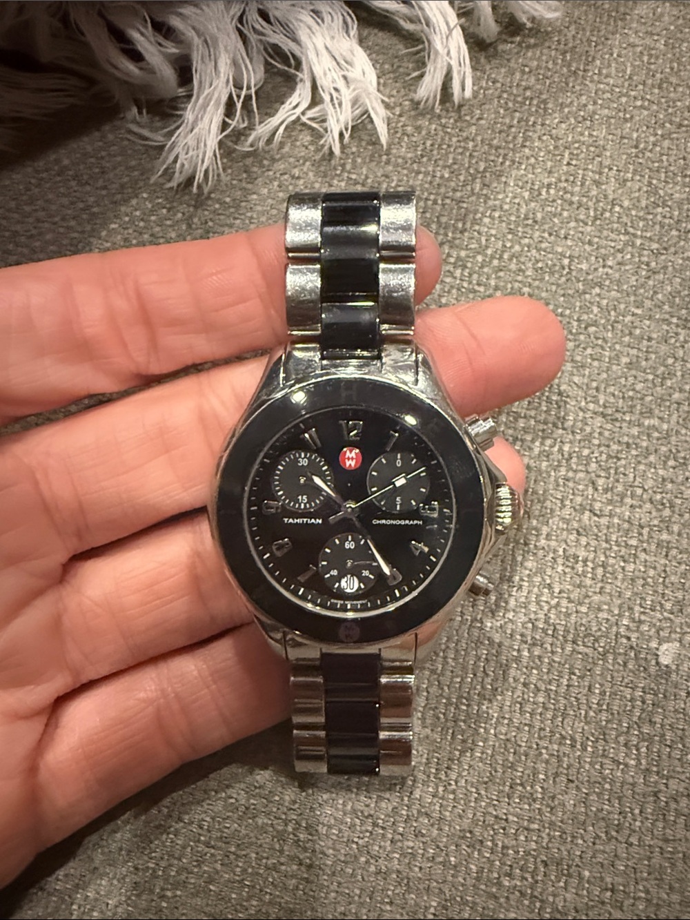 Michele Tahitian Two-Tone Silver and Black Chronograph Watch Needs Watch Battery